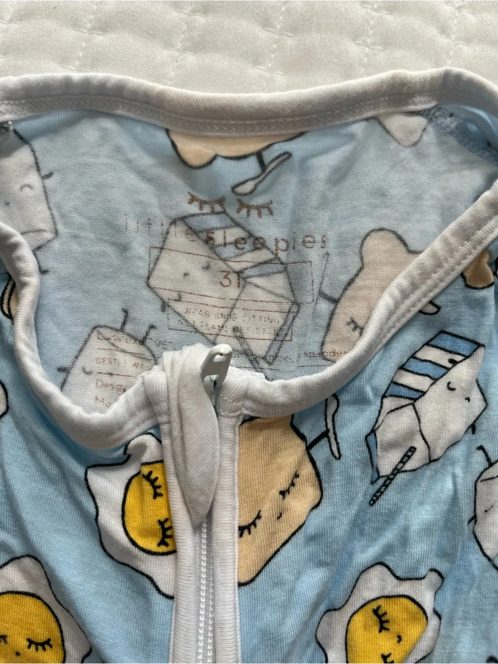 Little Sleepies Light Blue Zip-Up with Breakfast Characters *note small spot